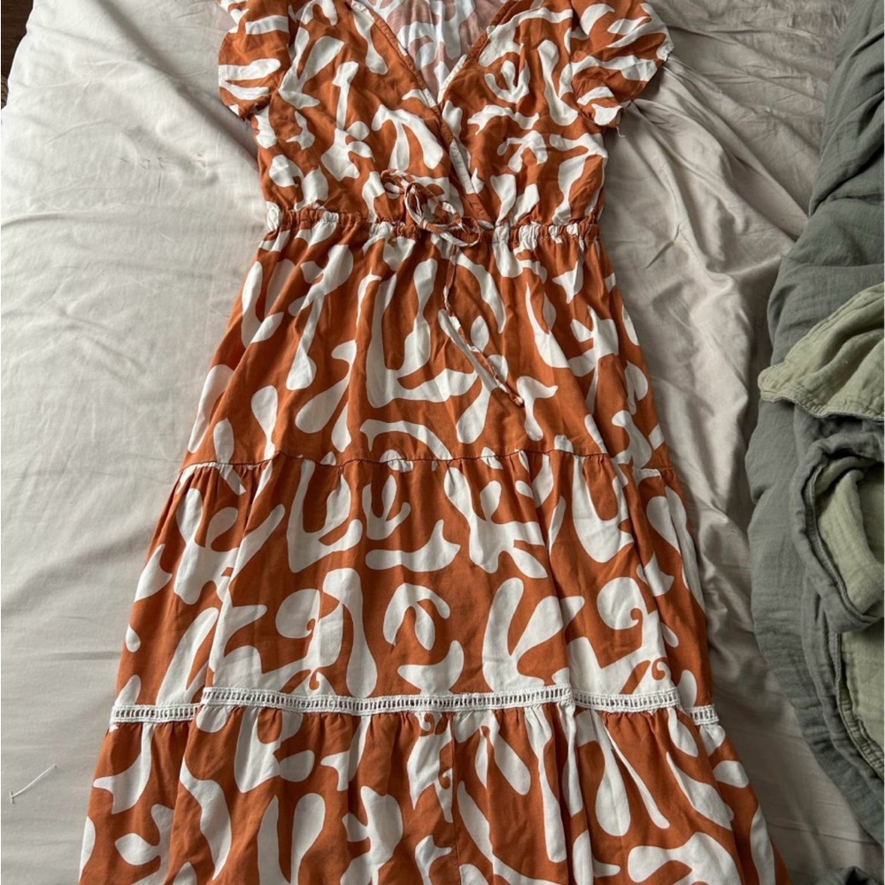 Grace Vibrant Orange and White Patterned Midi Dress
